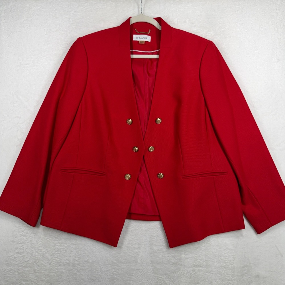 Calvin Klein 18W Blazer Open Front Red Gold Button Career Classic Professional - Picture 2 of 13